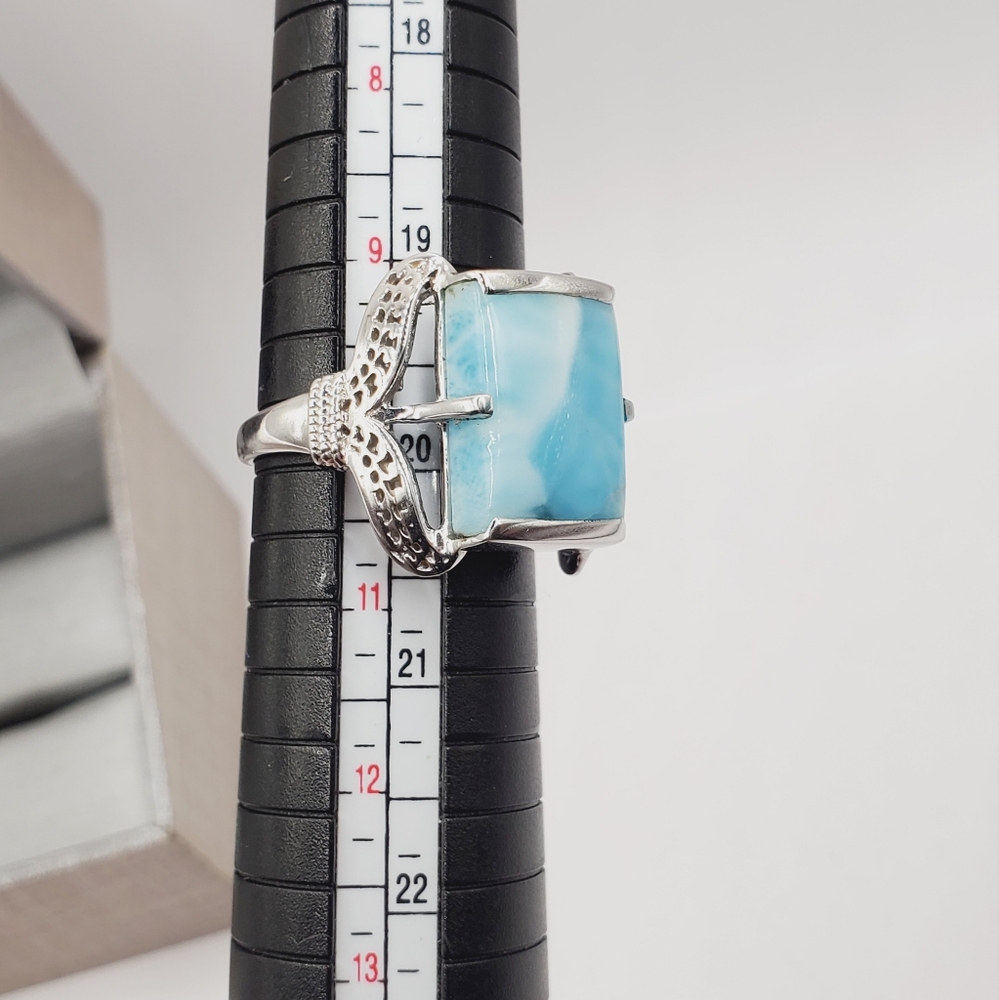 925 Sterling Silver Genuine Rectangle Blue Larimar Statement Ring - Picture 7 of 9